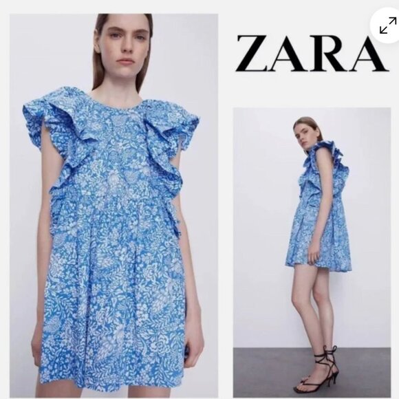 Zara Dresses & Skirts - ZARA M Floral Ruffle Sleeve Mini Dress Blue White Print